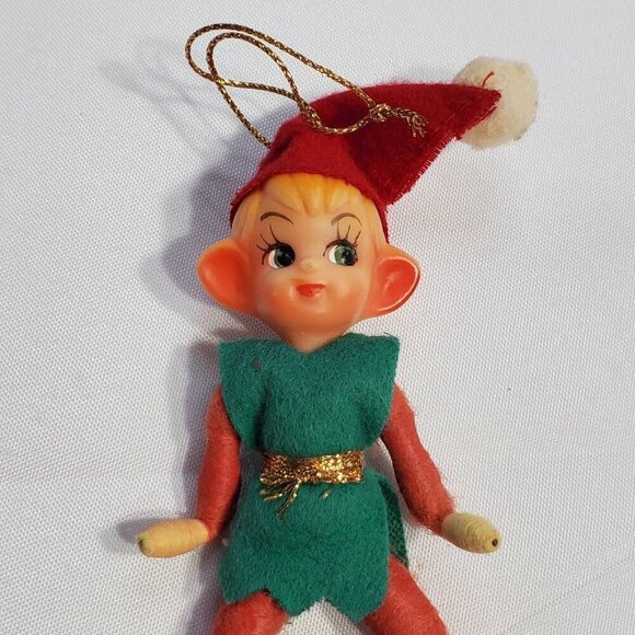 Vintage Pixie Elf Elves Christmas Ornament With Green Felt Outfit Red Hat 1950's - Picture 5 of 5